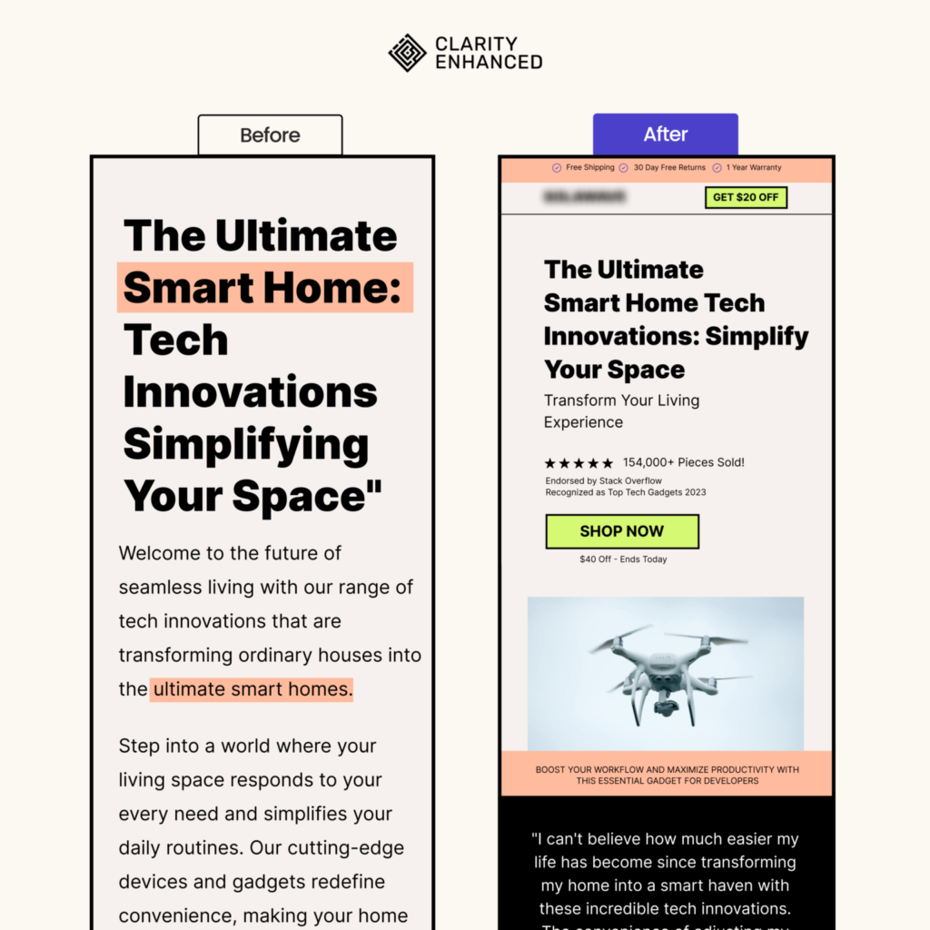 Landing page redesign - before and after