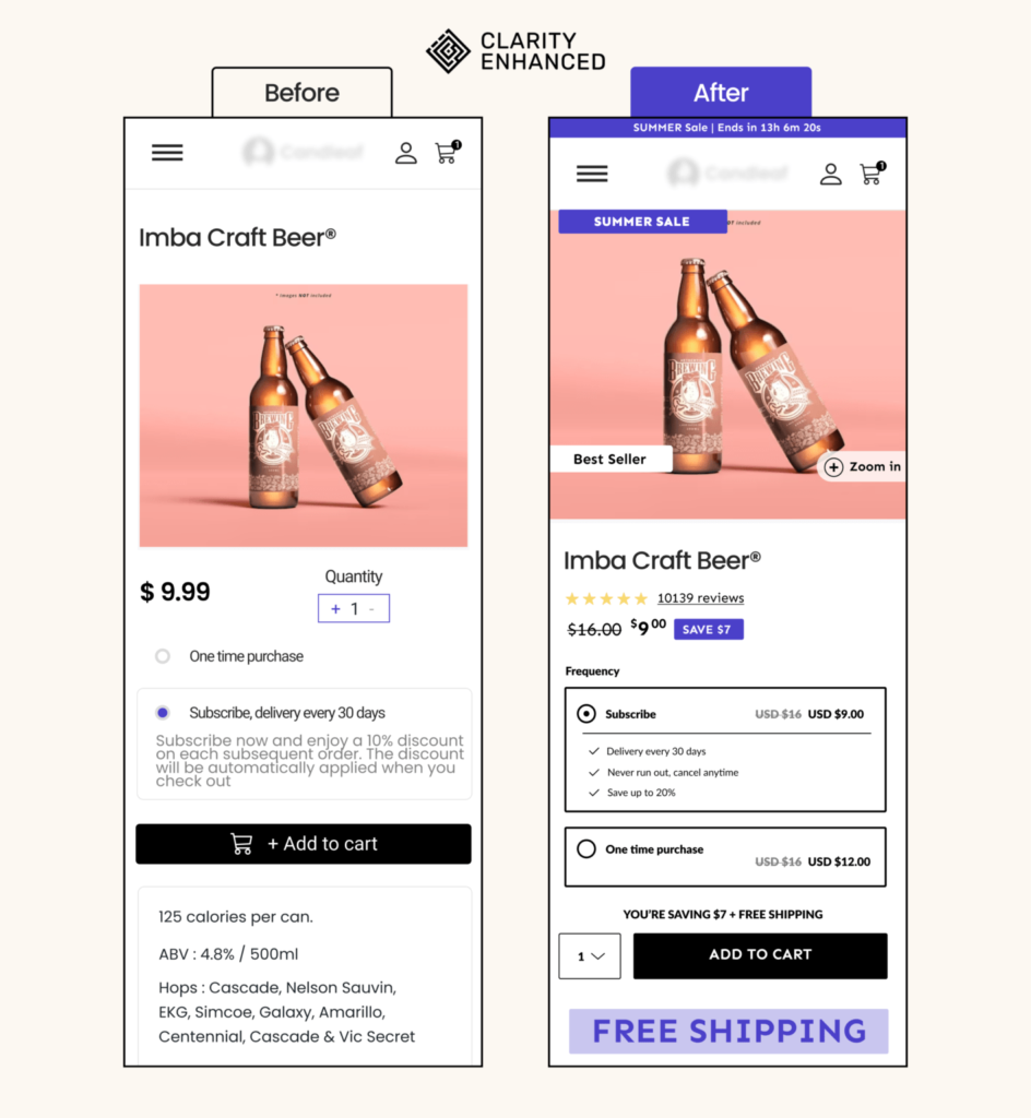 Shopify product page redesign - before and after
